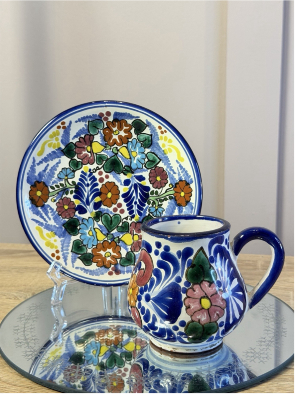 Vtg Talavera Puebla Mexico Pottery Coffee Tea Cup & Saucer Set Flowers Signed